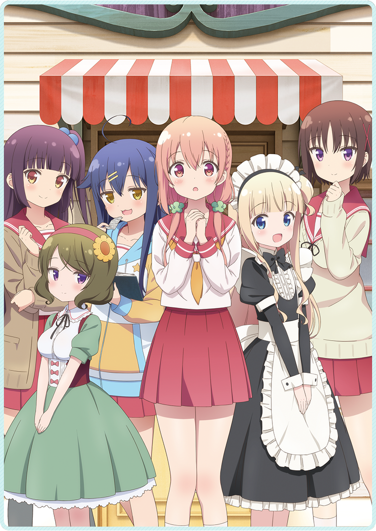 6+girls, ahoge, blonde_hair, blue_hair, blush, hagino_chiaki, hair_ornament, hiiragi_mayuki