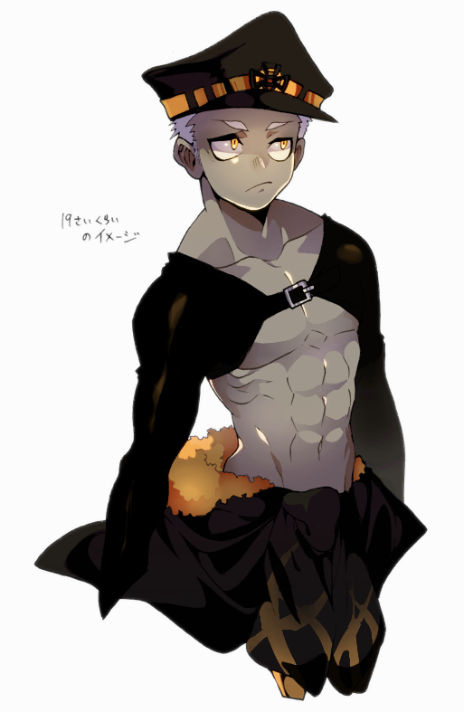 1boy, abs, agen_chiita, alternate_costume, closed_mouth, clothes_around_waist, dark_skin, dark_skinned_male, emiya_alter, fate/grand_order, fate_(series), grey_background, hat, jacket_around_waist, male_focus, nagatekkou, short_hair, simple_background, solo, white_hair, yellow_eyes