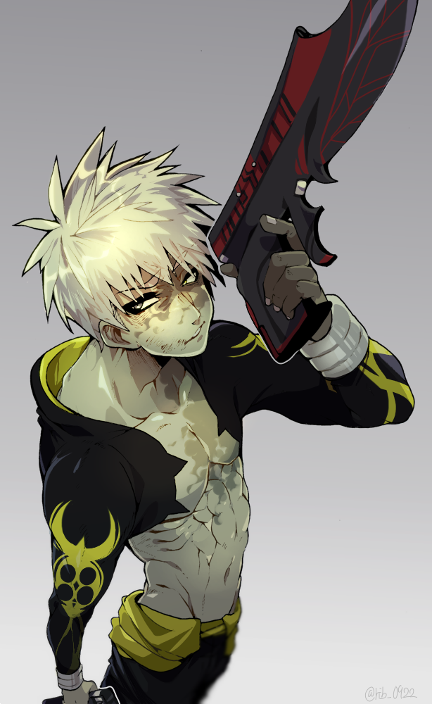 1boy, abs, agen_chiita, arm_up, corruption, cowboy_shot, dual_wielding, emiya_alter