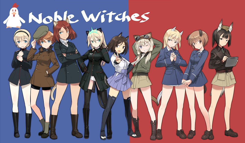 506th_joint_fighter_wing, 6+girls, adriana_visconti, animal_ears, arms_behind_head, arms_up, bangs, bike_shorts