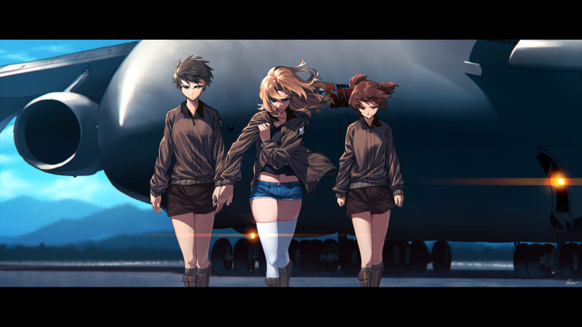 3girls, aircraft, airplane, alisa_(girls_und_panzer), bangs, black_hair, black_shirt, black_shorts