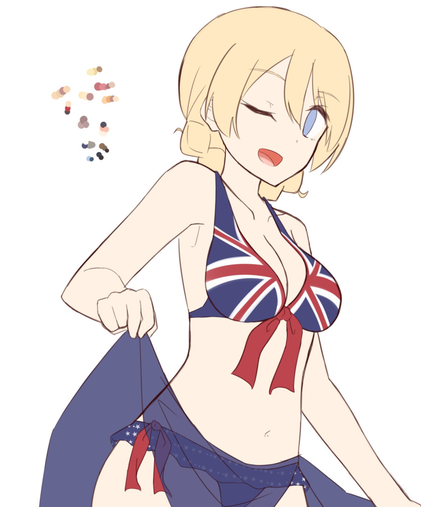 blue_eyes, braid, breasts, cleavage, darjeeling, eyebrows_visible_through_hair, french_braid, girls_und_panzer