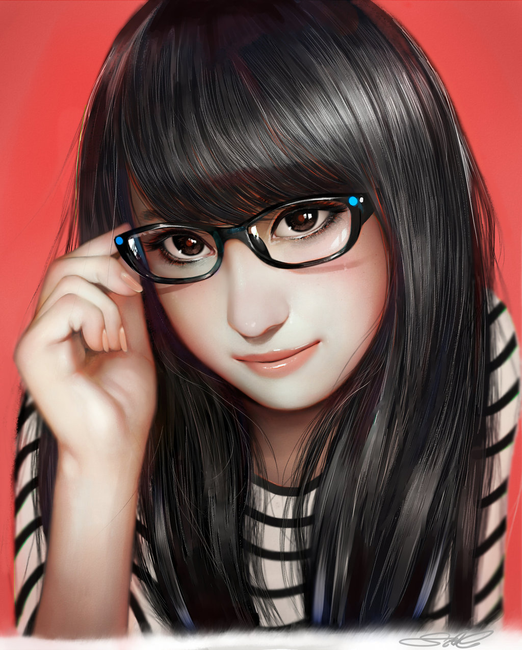 1girl, adjusting_glasses, arm_up, bangs, black-framed_eyewear, black_eyes, black_hair, closed_mouth