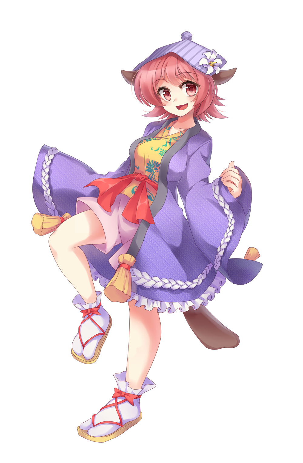 1girl, :d, animal_ears, blue_hat, blue_kimono, derivative_work, flower, full_body