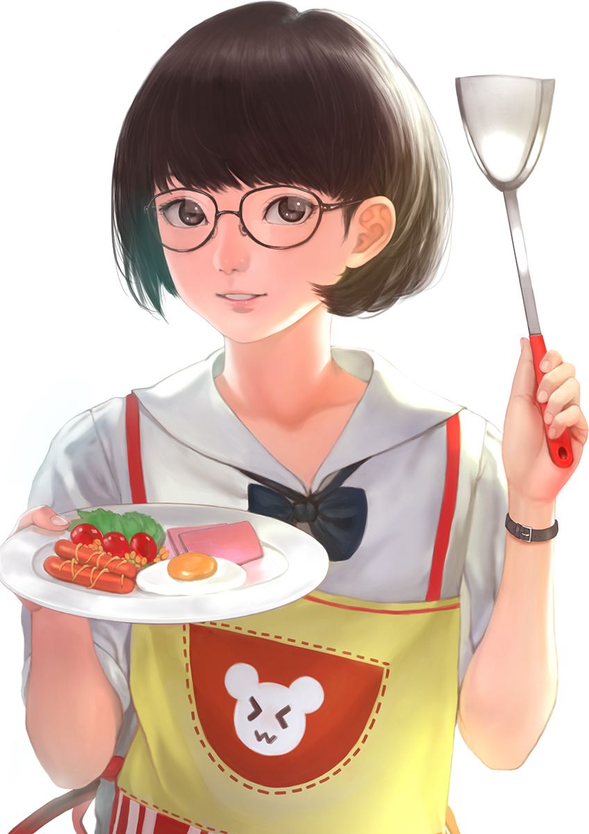 1girl, apron, black-framed_eyewear, black_hair, bob_cut, bow, cooking, food, fried_egg, glasses, grey_eyes, highres, light_smile, lips, nose, original, plate, round_glasses, rungsak_sontayanont, sausage, short_hair, solo, spam, spatula, watch, watch