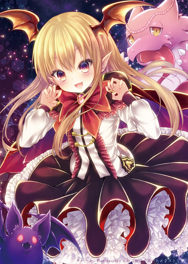 1girl, :3, :d, bangs, bat, bat_wings, besu, black_skirt
