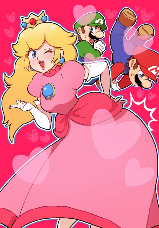 /\/\/\, 1girl, 2boys, ;d, blonde_hair, blue_eyes, brooch, brothers, brown_hair, butt_bump, crown, dress, earrings, elbow_gloves, facial_hair, gloves, hand_on_hip, hand_up, hat, heart, jewelry, long_hair, long_sleeves, looking_at_another, looking_at_viewer, looking_down, luigi, mario, multiple_boys, mustache, nm_qi, one_eye_closed, open_mouth, overalls, pink_dress, princess_peach, puffy_short_sleeves, puffy_sleeves, short_hair, short_sleeves, siblings, smile, standing, super_mario_bros., sweat, white_gloves, wink