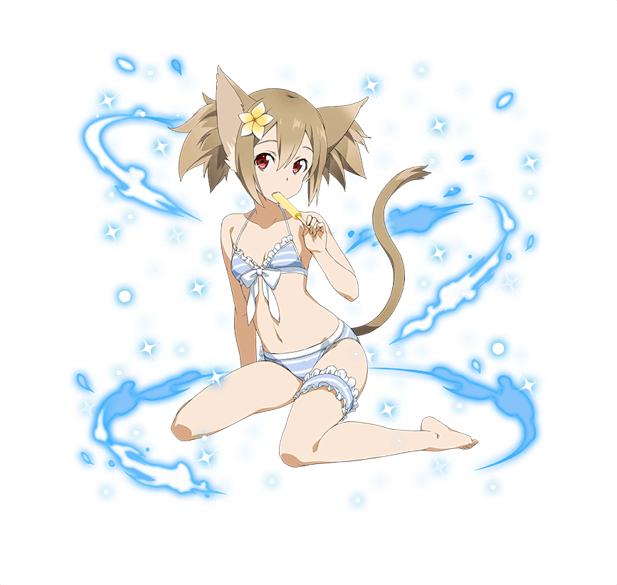 1girl, animal_ears, arm_supoort, barefoot, bikini, breasts, brown_hair, cat_ears