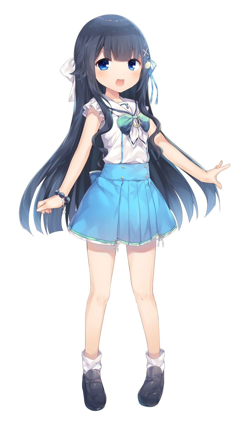 1girl, :d, absurdres, black_hair, blue_eyes, blue_skirt, bow, bowtie