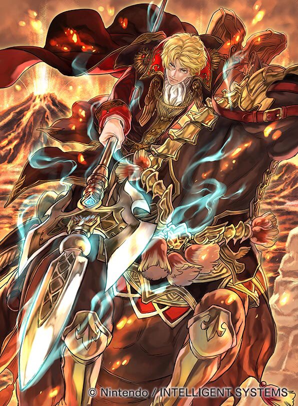 1boy, blonde_hair, camus, cape, company_name, epaulettes, fire, fire_emblem