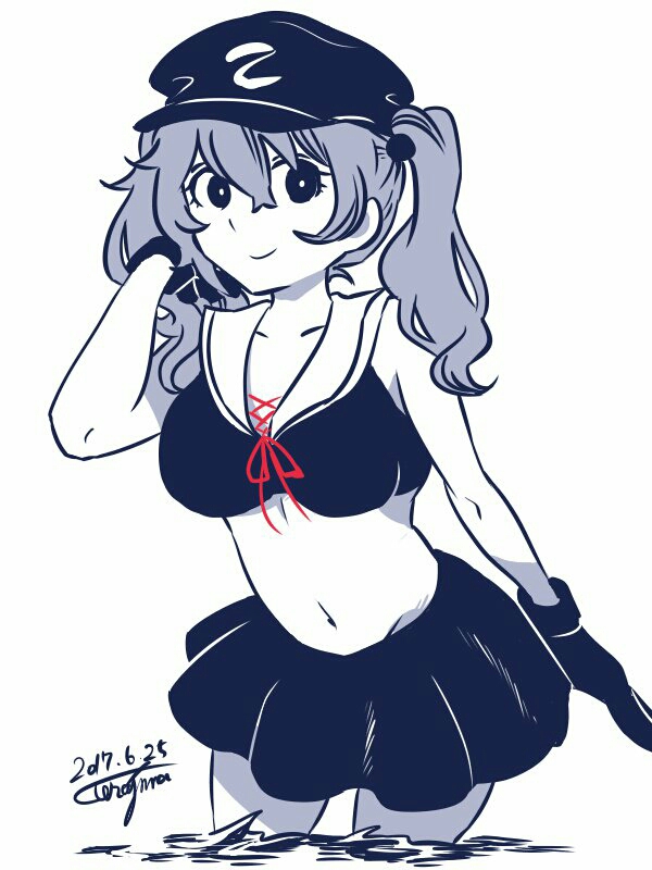 1girl, bare_shoulders, bikini_skirt, collarbone, hat, kawashiro_nitori, midriff, miniskirt, navel, sadawo_ver3, sailor_bikini, sailor_collar, skirt, smile, solo, touhou, twintails