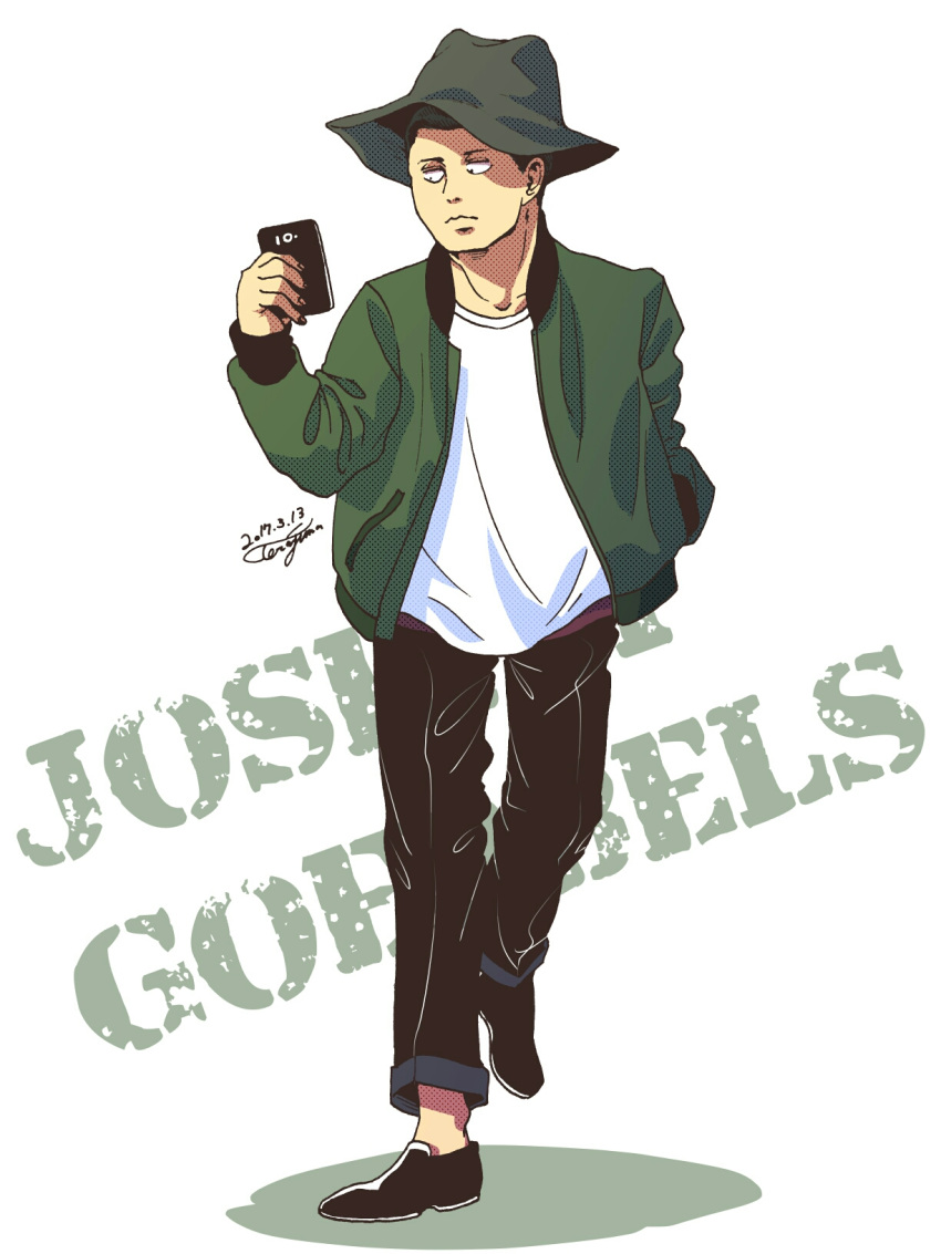 bucket_hat, cellphone, character_name, dated, full_body, green_jacket, hand_in_pocket, hat
