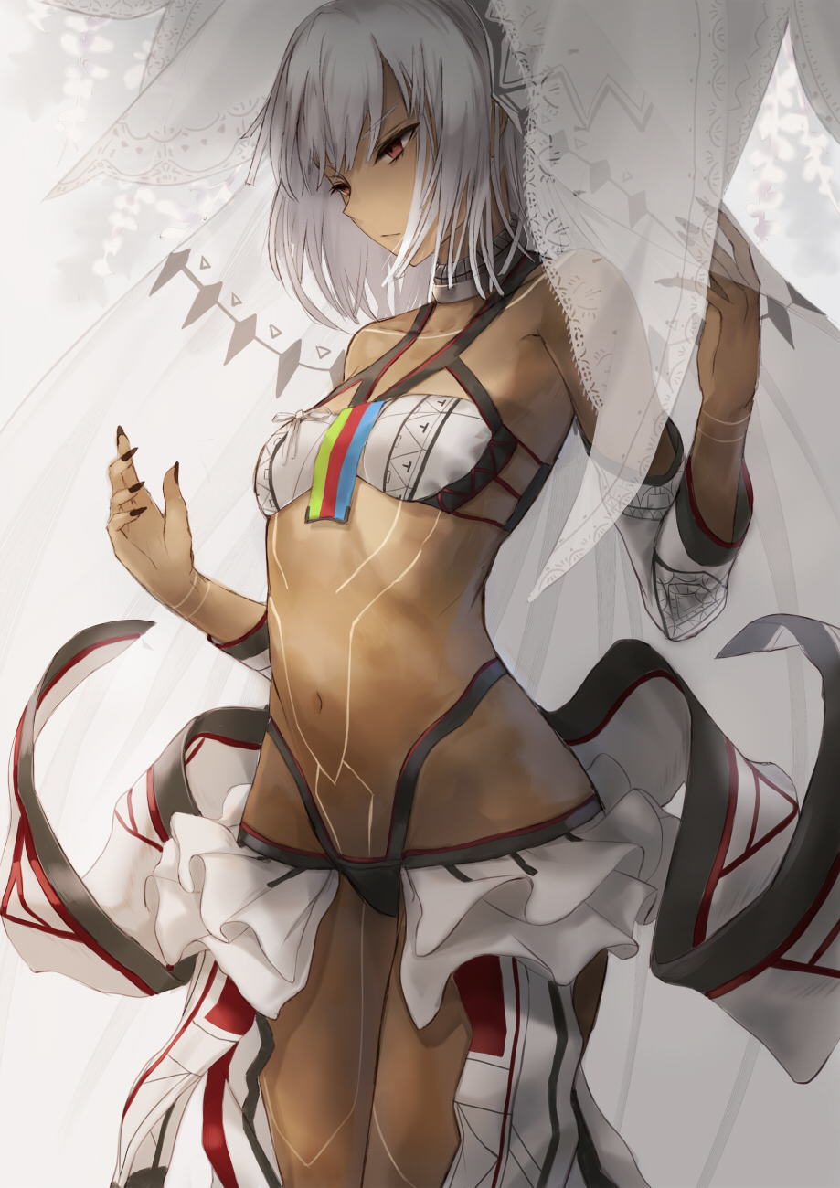 1girl, altera_(fate), bandeau, bangs, black_nails, breasts, closed_mouth, cowboy_shot