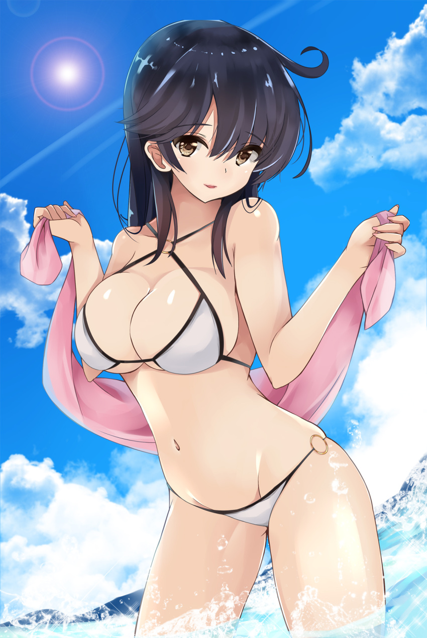 10s, 1girl, ahoge, bikini, black_hair, breasts, brown_eyes, collarbone, criss-cross_halter, day, dutch_angle, hair_between_eyes, halterneck, highres, kantai_collection, large_breasts, long_hair, looking_at_viewer, navel, o-ring_bikini, o-ring_bottom, parted_lips, partially_submerged, pink_towel, skindentation, solo, splashing, standing, sunlight, swimsuit, towel, ushio_(kantai_collection), white_bikini, youkan_(mattya_youkan)