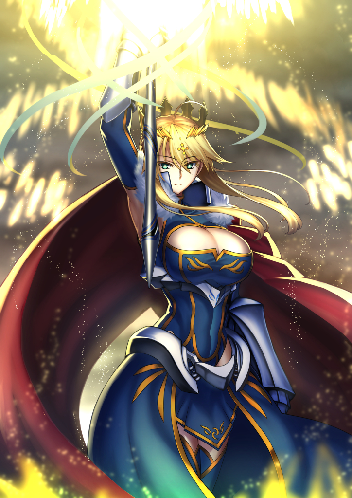 1girl, ahoge, arm_up, armor, armpits, artoria_pendragon_lancer_(fate/grand_order), bangs, blonde_hair