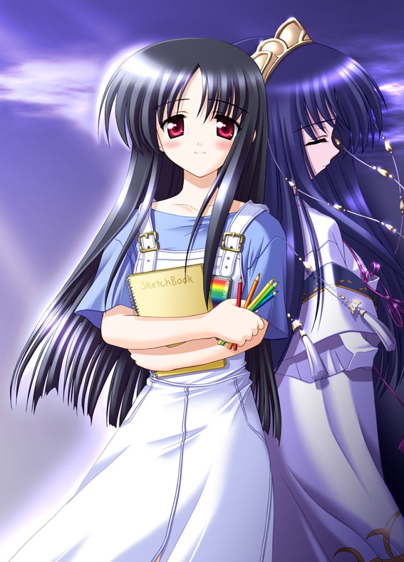 black_hair, blush, buckle, buckles, closed_eyes, color_pencil, colored_pencil, dress
