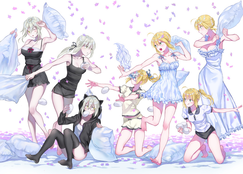 6+girls, artoria_pendragon_alter_(fate/grand_order), artoria_pendragon_lancer_(fate/grand_order), barefoot, black_legwear, blonde_hair, braid, breasts