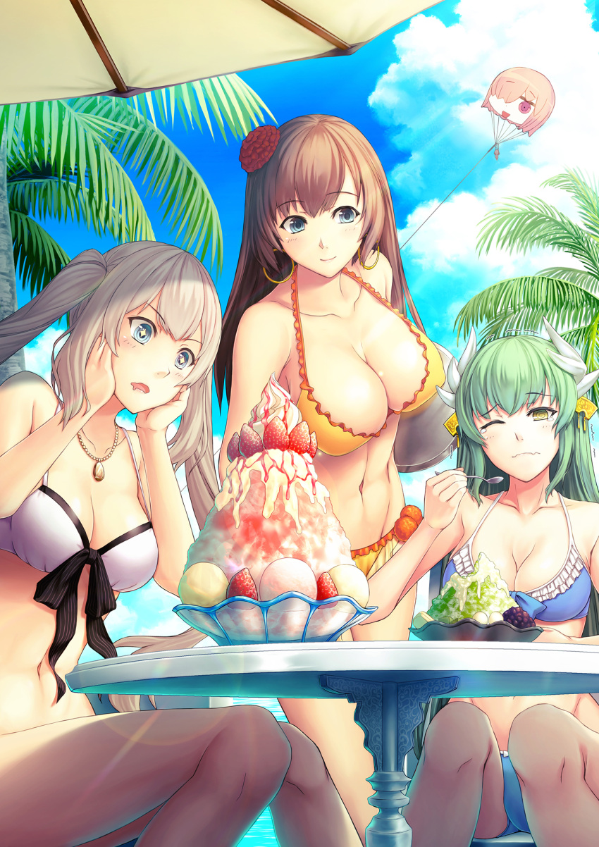 +_+, 3girls, arms_behind_back, bangs, bikini, blue_bikini, blue_eyes, blush