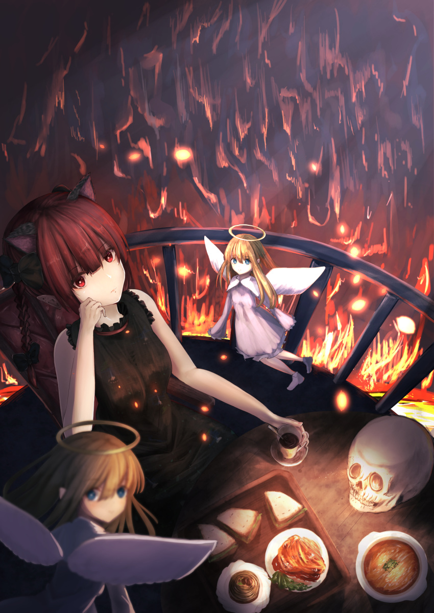 3girls, animal_ears, bare_shoulders, blonde_hair, blurry, braid, breasts, cacao_devil