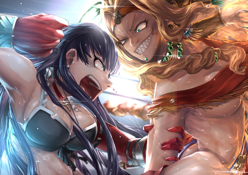 2girls, bikini_top, blonde_hair, blood, blue_eyes, check_commentary, choker, commentary_request