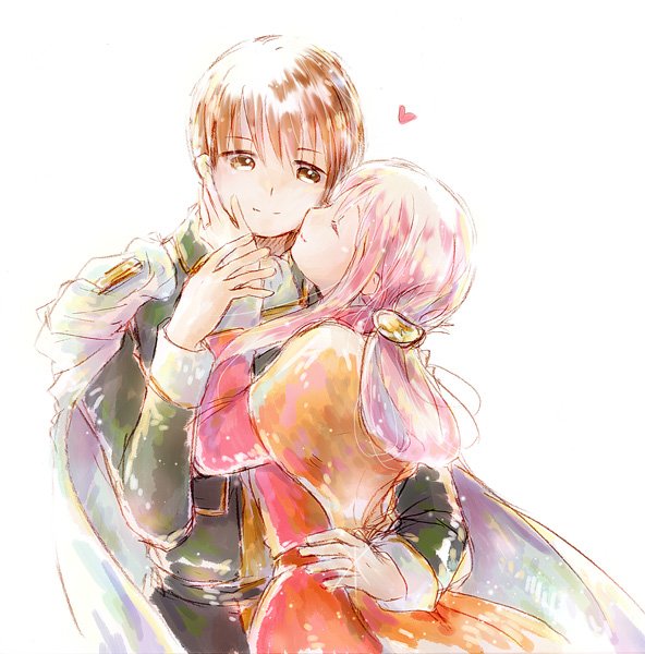 1boy, 1girl, armor, cape, cheek_kiss, cuan_(fire_emblem), ethlin_(fire_emblem), fire_emblem