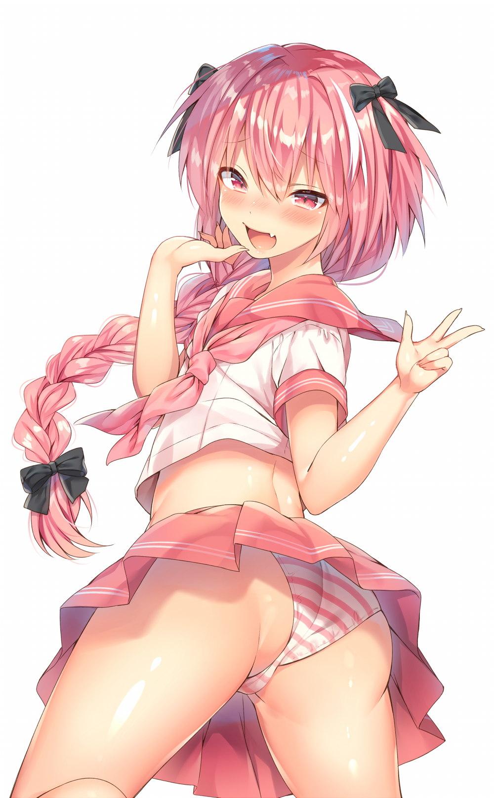 1boy, :d, ass, bangs, bare_legs, black_ribbon, blush, braid