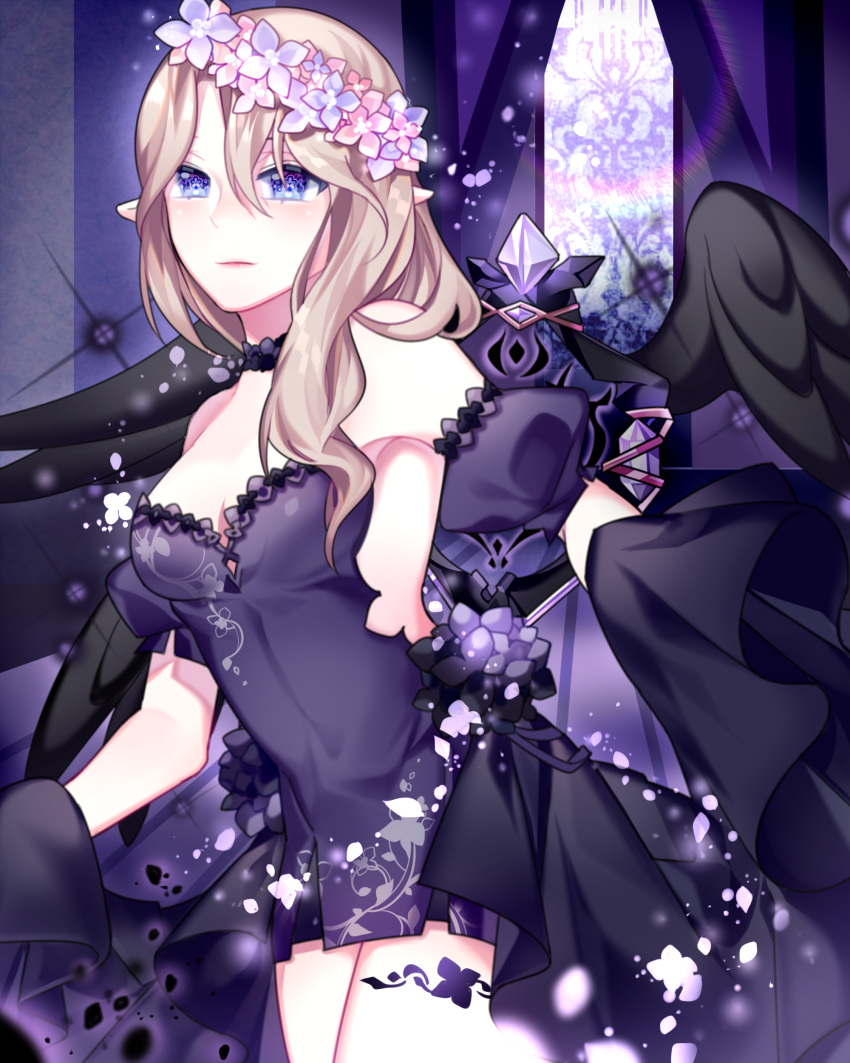 1girl, absurdres, alternate_costume, alternate_hair_color, black_choker, black_dress, black_wings, blonde_hair