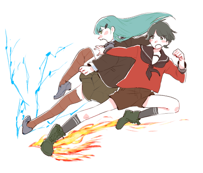 2girls, black_hair, blush, brown_legwear, fire, flame, green_hair, inazuma_kick