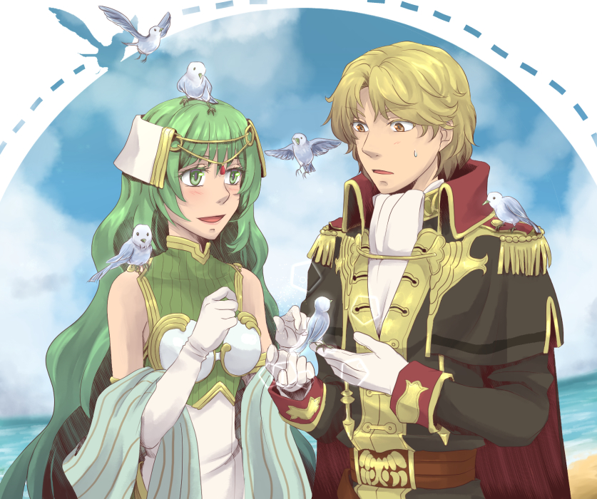 1boy, 1girl, akubimikan, bare_shoulders, beach, bird, blonde_hair, blush