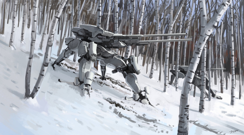 absurdres, birch_trees, highres, karamas, mecha, original, outdoors, snow, walker, walker_machine