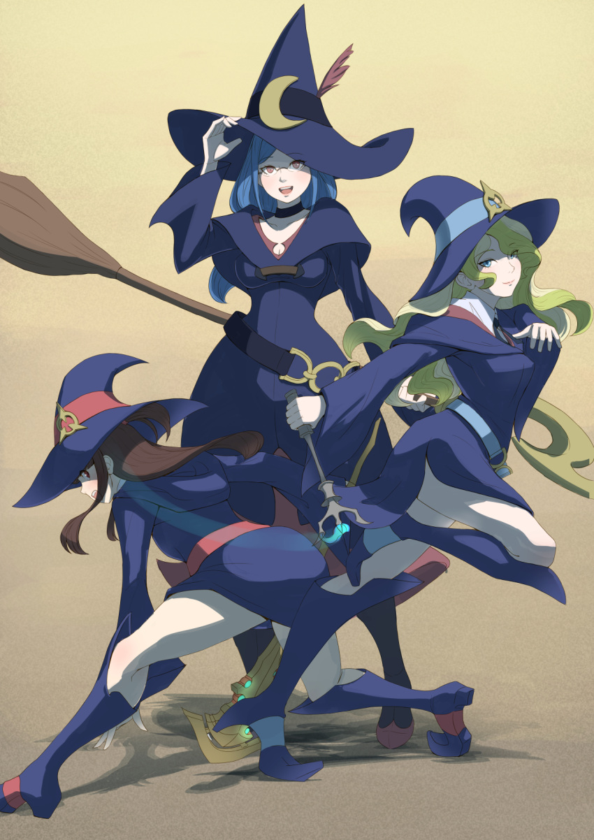 3girls, :d, atatatamu, blonde_hair, blue_eyes, blue_hair, boots, broom, brown_eyes, brown_hair, choker, crescent, diana_cavendish, full_body, hat, highres, hood, hooded_robe, kagari_atsuko, little_witch_academia, long_hair, looking_at_viewer, loose_belt, multicolored_hair, multiple_girls, open_mouth, pose, red_eyes, robe, school_uniform, smile, staff, two-tone_hair, ursula_charistes, wand, wavy_hair, witch, witch_hat