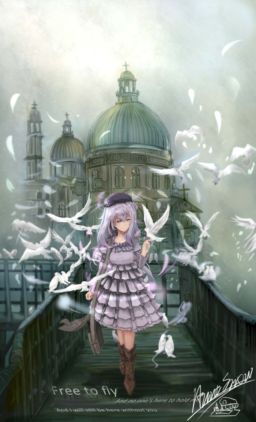 1girl, absurdres, alternate_costume, bag, beret, bird, bird_on_finger, boots