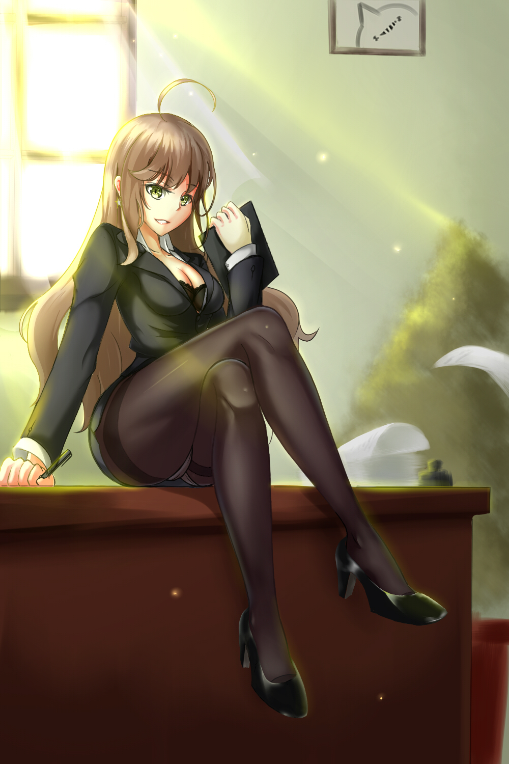 1girl, ahoge, alternate_costume, black_bra, black_jacket, black_legwear, black_shoes, black_skirt