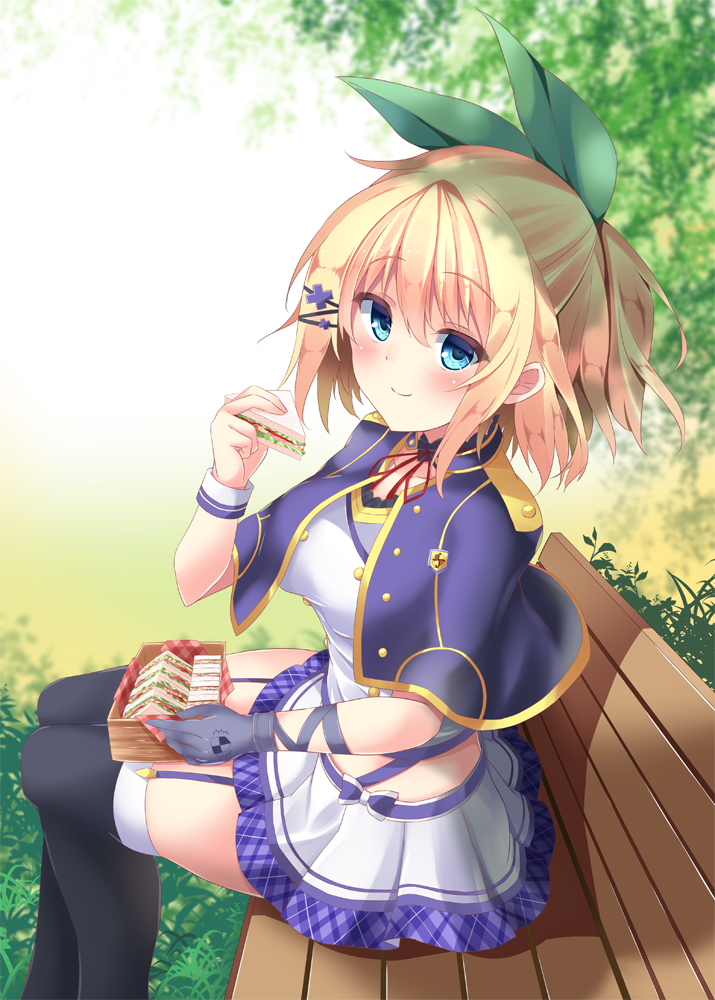 1girl, alzano_school_uniform, bench, black_legwear, blonde_hair, blue_eyes, bow, capelet
