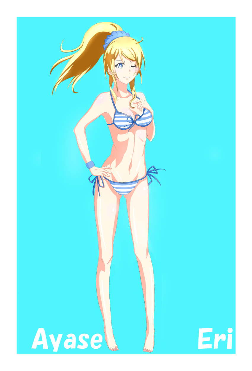 1girl, absurdres, ass_visible_through_thighs, ayase_eli, barefoot, bikini, blonde_hair, blue_eyes