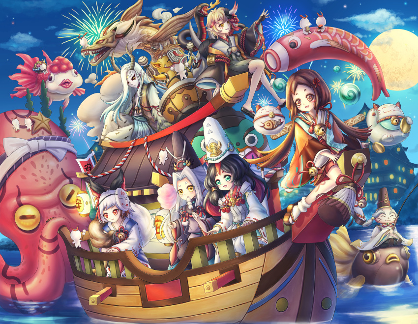 aqua_eyes, bell, black_eyes, black_hair, blue_sky, boat, brown_eyes, brown_hair