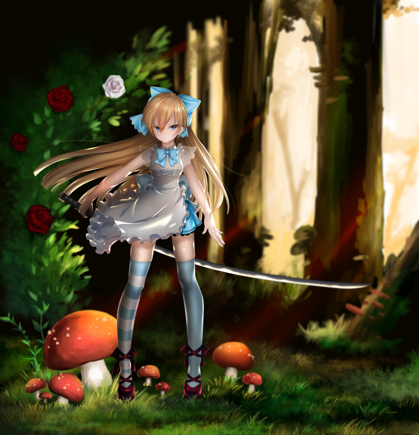 1girl, alice_(wonderland), alice_in_wonderland, arm_at_side, bangs, blonde_hair, blue_bow, blue_bowtie