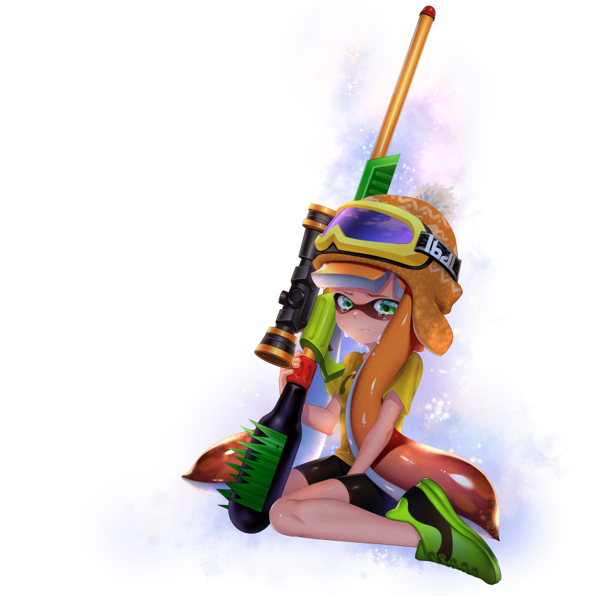1girl, absurdres, bangs, bento_splatterscope, between_legs, bike_shorts, black_shorts, blunt_bangs