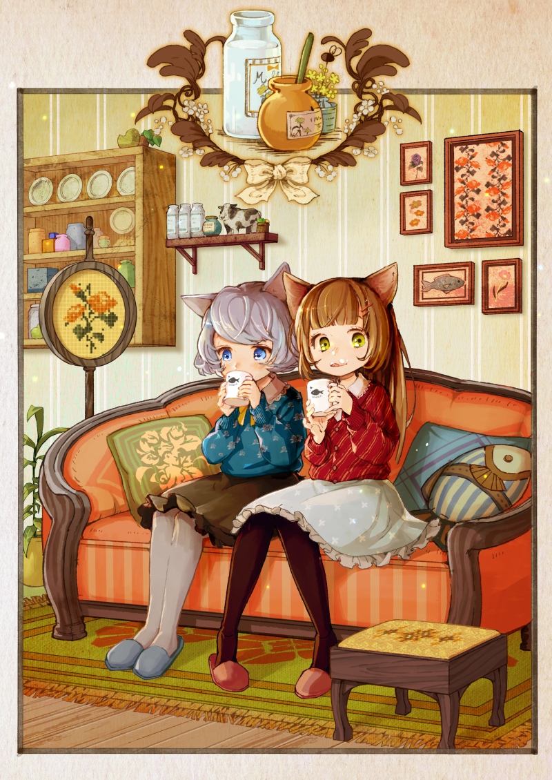 2girls, animal_ears, bangs, black_legwear, blue_eyes, blunt_bangs, bottle, brown_hair