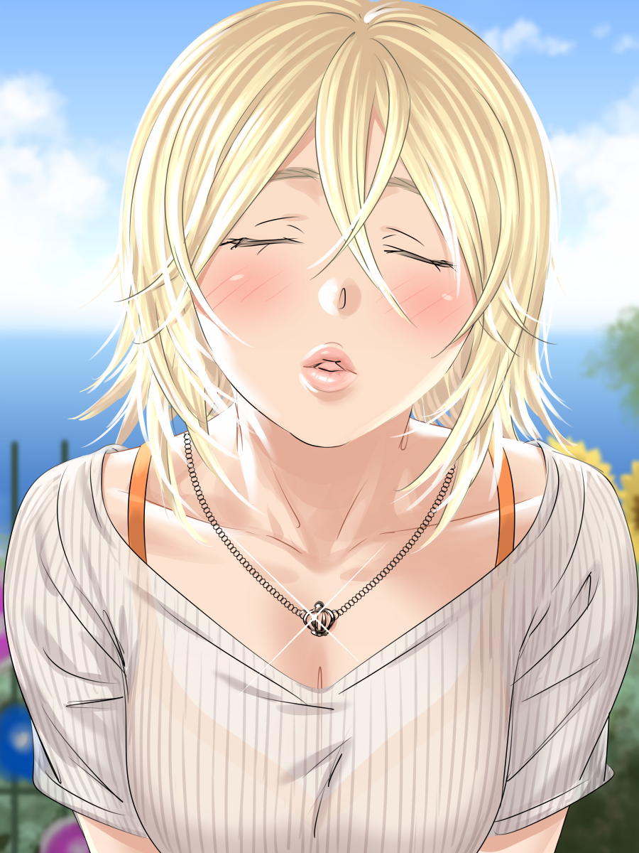 1girl, allison_(summer_lesson), black_bra, blonde_hair, blush, bra, breasts, cleavage