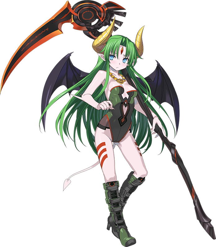 1girl, blue_eyes, boots, breasts, demon_girl, demon_horns, demon_tail, demon_wings, ferris_(rance), forehead_jewel, full_body, gluteal_fold, green_hair, holding, holding_weapon, horns, long_hair, looking_at_viewer, medium_breasts, official_art, pointy_ears, rance_(series), rance_03_leazas_kanraku, scythe, shunin, solo, tail, transparent_background, weapon, wings