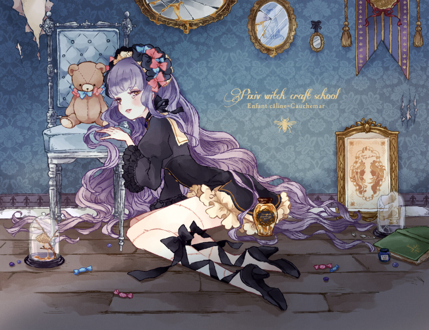 1girl, ankle_lace-up, bangs, black_shoes, blue_bow, book, bottle, bow