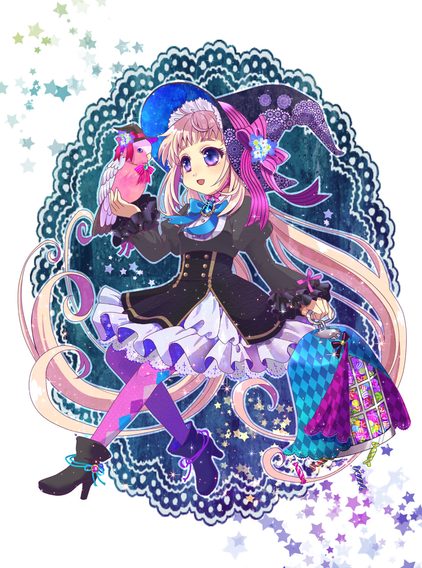 1girl, animal, animal_on_shoulder, argyle, argyle_legwear, bird_on_shoulder, black_hat, black_shoes