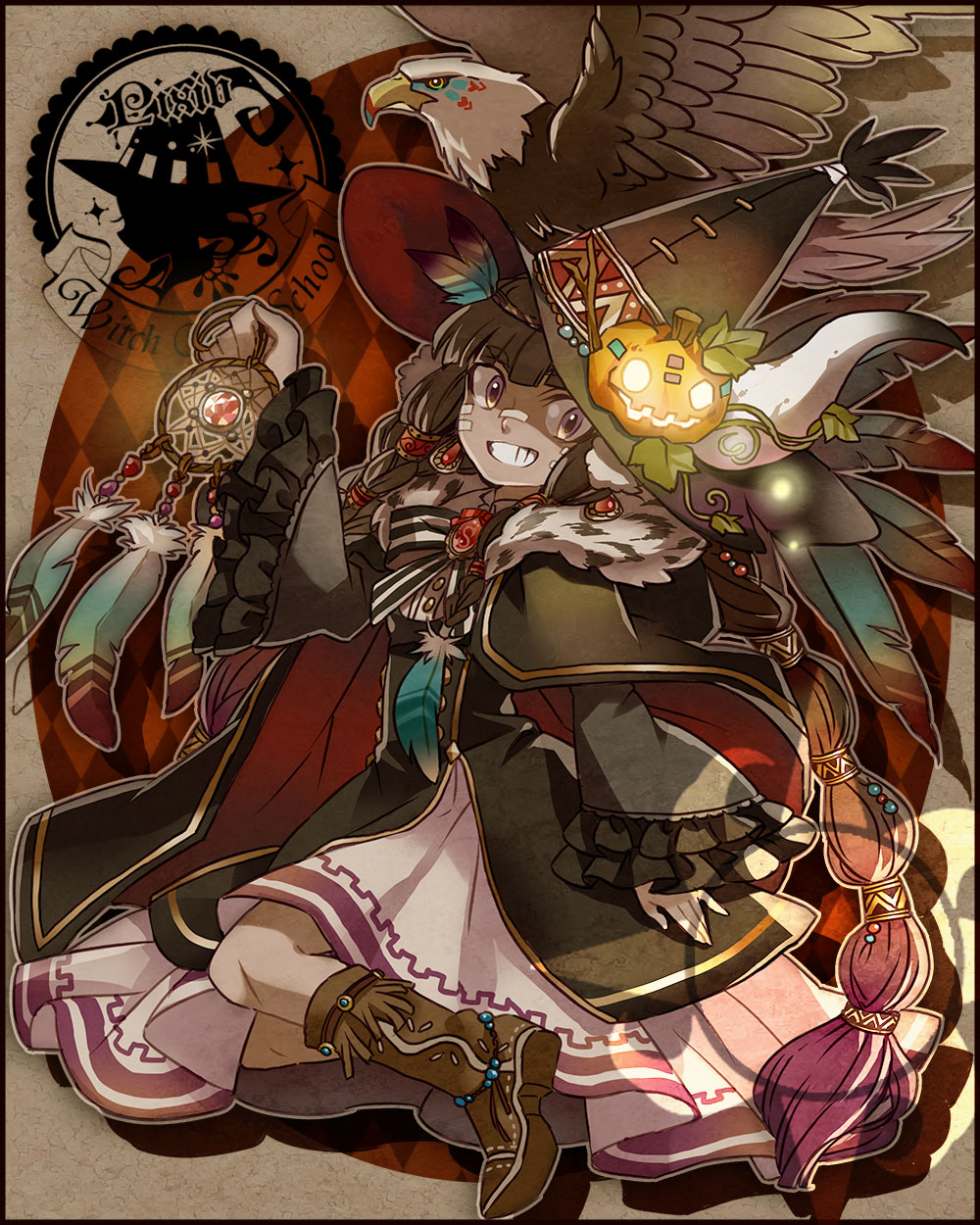 1girl, :d, bird, black_hat, boots, braid, brown_boots, brown_hair