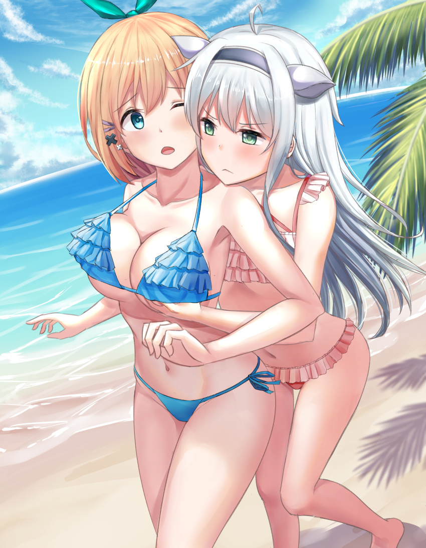 >:<, 2girls, :<, absurdres, ahoge, animal_ears, bangs, beach