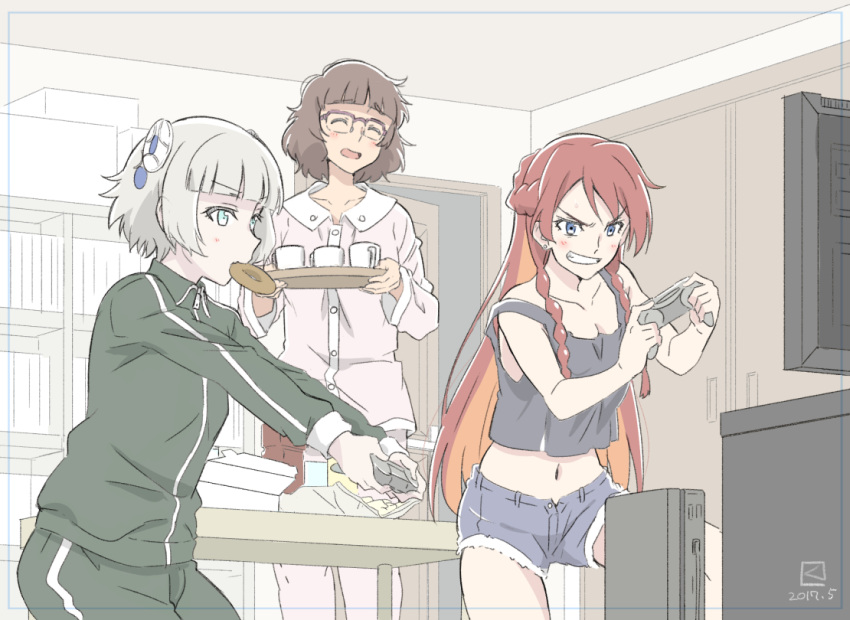 bangs, blue_eyes, blunt_bangs, blush, braid, brown_hair, closed_eyes, controller, denim, denim_shorts, doughnut, earrings, eating, food, game_console, game_controller, glasses, hair_ornament, jewelry, koura_ayano, kueru_(yuuki_tamerawanai), long_hair, meteora_osterreich, multicolored_hair, multiple_girls, pajamas, re:creators, redhead, selesia_upitiria, semi-rimless_glasses, short_hair, shorts, silver_hair, track_suit, two-tone_hair