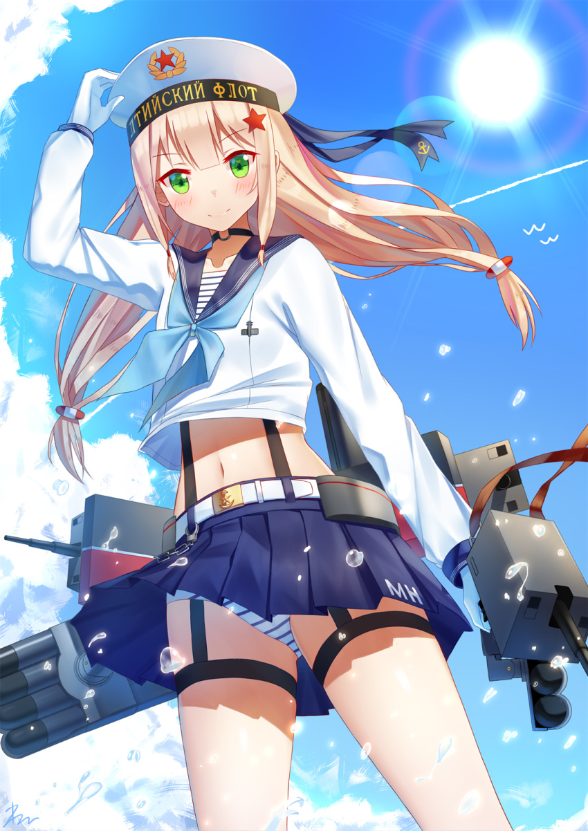 1girl, anchor_symbol, arm_up, bangs, belt_buckle, bird, black_choker, blonde_hair, blue_skirt, blue_sky, blush, buckle, choker, closed_mouth, clouds, collarbone, commentary_request, condensation_trail, cropped_shirt, eyebrows_visible_through_hair, from_below, gloves, green_eyes, hair_ornament, hair_tie, hand_on_headwear, hat, highres, holding, holding_weapon, ji_dao_ji, lens_flare, long_hair, long_sleeves, looking_at_viewer, looking_down, low_twintails, machinery, midriff, minsk_(zhan_jian_shao_nyu), navel, o-ring, o-ring_choker, panties, pantyshot, pantyshot_(standing), pleated_skirt, sailor_collar, sailor_hat, sailor_shirt, shirt, sidelocks, signature, skirt, sky, smile, solo, standing, star, star_hair_ornament, striped, striped_panties, striped_shirt, sun, sunlight, suspender_skirt, suspenders, torpedo, turret, twintails, underwear, water_drop, weapon, white_gloves, white_hat, white_panties, white_shirt, white_skirt, wind, zhan_jian_shao_nyu