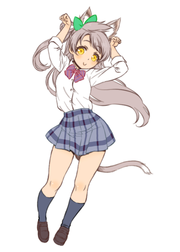 1girl, animal_ears, bangs, bow, bowtie, bunny_pose, cat_ears, cat_tail