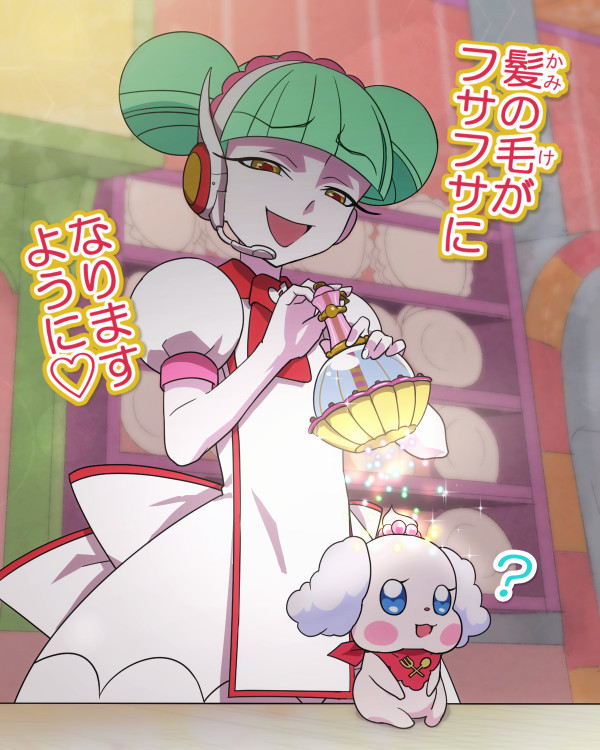 :d, ?, bangs, biburi_(precure), blue_eyes, blunt_bangs, character_request, double_bun