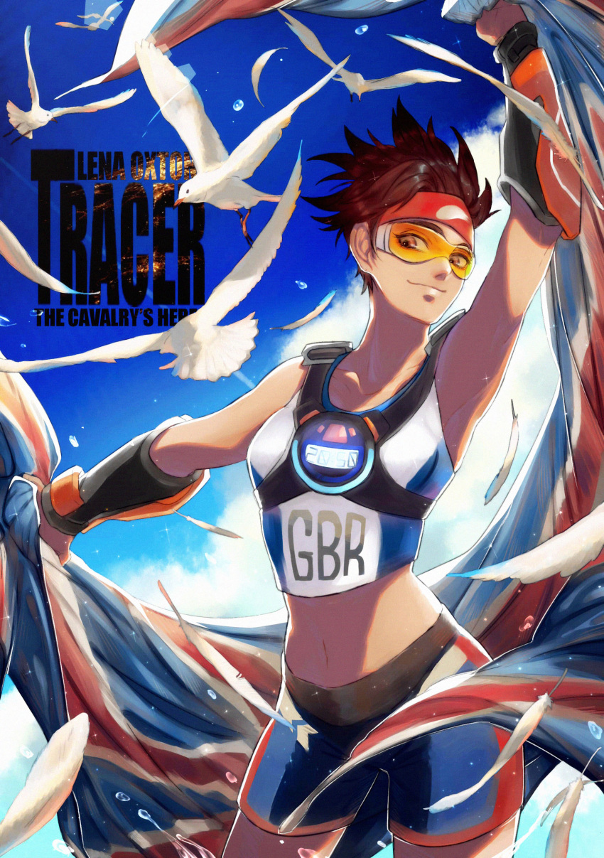 1girl, absurdres, arm_up, bird, brown_eyes, brown_hair, character_name, contrapposto, cowboy_shot, crop_top, ez_1011, flag, goggles, headband, highres, looking_at_viewer, midriff, navel, outstretched_arm, overwatch, seagull, short_hair, shorts, smile, solo, spiky_hair, sportswear, sprinter_tracer, tracer_(overwatch), track_and_field, union_jack